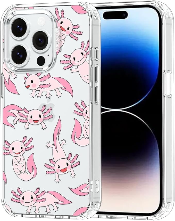 MOSNOVO Case for iPhone 14 Pro, [Buffertech 6.6ft Military-Grade Drop Protection] [Anti Peel Off Tech] Clear TPU Bumper Phone Case Cover Design - Pink Axolotl