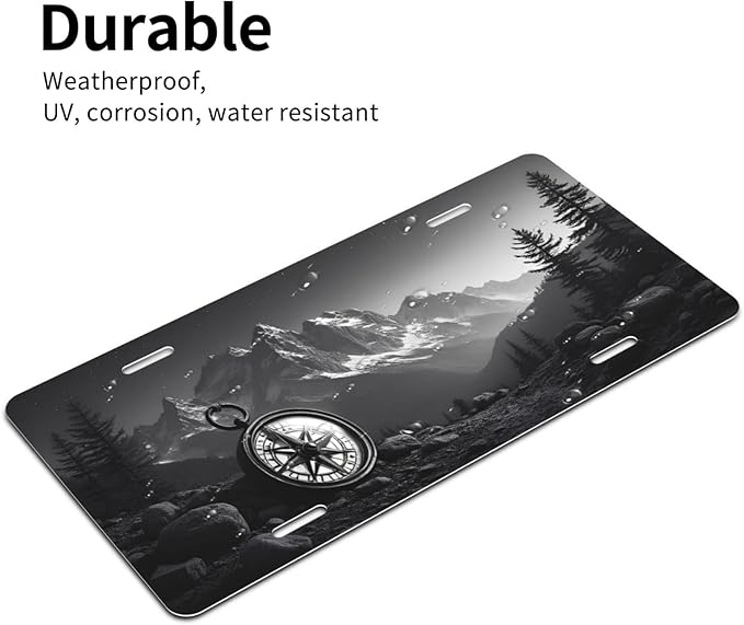 Mountain Compass License Plate Black White Adventure Design - Premium Aluminum 12x6 Waterproof Outdoor Hiking Car Decor Gift Vanity Plate - Flat Print