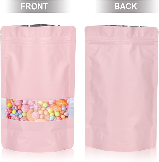 5.9"x8.6" 120pcs Mylar Bags for Food Storage,Smell Proof Bag with Matte Window Resealable Food Storage Bags for Small Business, Stand-up Foil Pouch Packaging Freeze Dried Candy Bag(Pink)