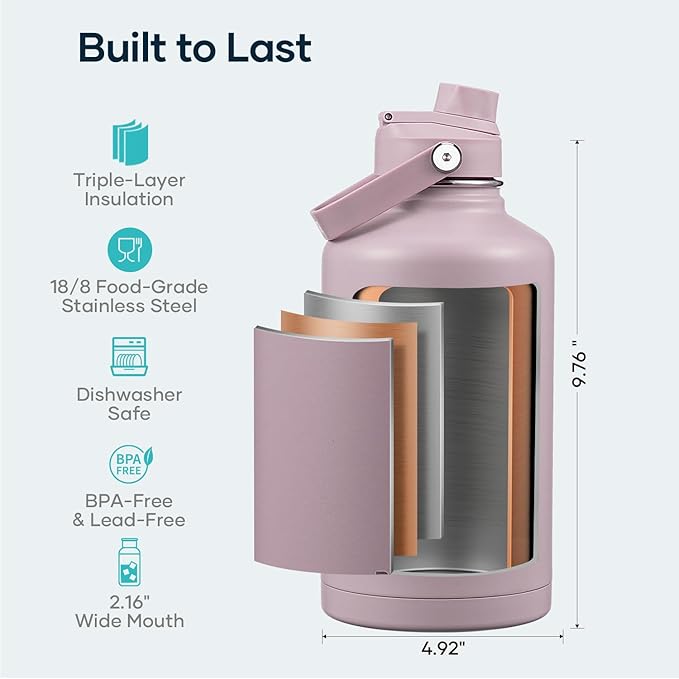 BUZIO 64oz Insulated Water Bottle, Half gallon Stainless Steel Jug (Cold for 48 Hrs), Triple Wall Vacuum Large Metal Flask with Leakproof Straw Lid and Carry Sleeve, Purple