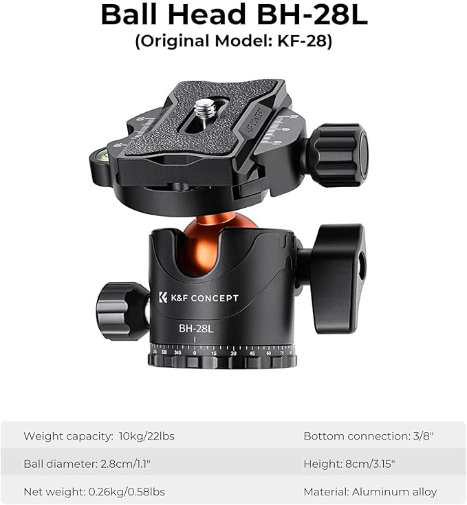 K&F CONCEPT 90''/230cm Ultra High Camera Tripod,Horizontal Overhead Shooting Flexible Travel Tripods with Metal Ball Head 10KG Load Capacity, Detachable Monopod, for Indoor and Outdoor T254A7+BH-28L