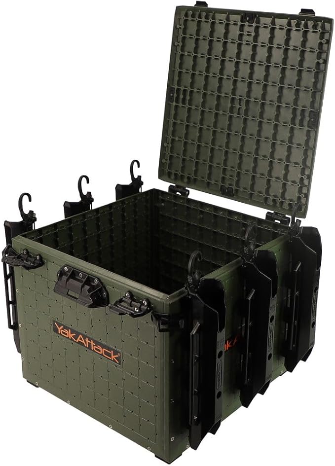 YakAttack BlackPak Pro Kayak Fishing Crate - Ranger Green | 16" x 16" Riggable Kayak Gear Storage System with Hinged Lid, GridLoc Mount Panels & 6 TetherTube Rod Holders | Lightweight Tankwell Crate