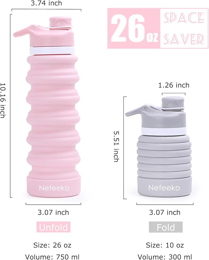 Nefeeko Collapsible Water Bottle, 26oz Silicone Foldable Water Bottles Leakproof BPA Free Travel Water Bottles with Carabiner, Portable Sport Water Bottles for Camping,Hiking Outdoor Indoor Sport