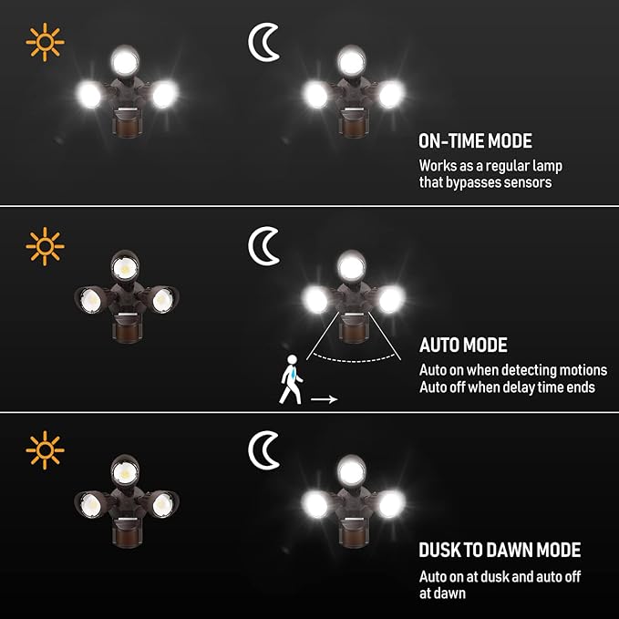 LEONLITE 3CCT LED Security Light Motion Sensor, Aluminum Flood Lights Outdoor, 3 Modes Motion Detector+Dusk to Dawn+Switch Control, 3000K/4000K/5000K Selectable, IP65, Adjustable 3-Head, ETL, Bronze