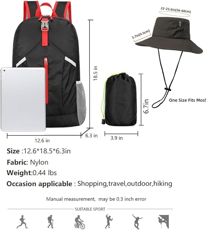 levayhill 25L Foldable Backpack & Bucket Hat 2 IN1 Combo, Lightweight packable Travel Set, Compact Daypack Sun Fisherman Hat (Black)