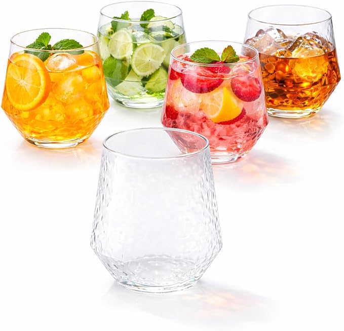 Oojami 40 count Diamond Unbreakable Stemless Plastic Wine Champagne Whiskey Glasses Elegant Durable Disposable Indoor Outdoor Ideal for Home, Office, Bars, Wedding, 12 Ounce Cups (Hammered Clear)