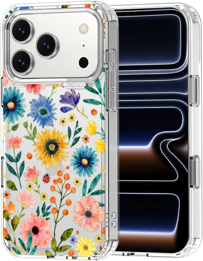 MOSNOVO for iPhone 17 Pro Case, Shockproof Military-Grade Protection 6.6ft Drop Tested, Camera Control, Clear Phone Case for iPhone 17 Pro, Wildflower Bloom Design