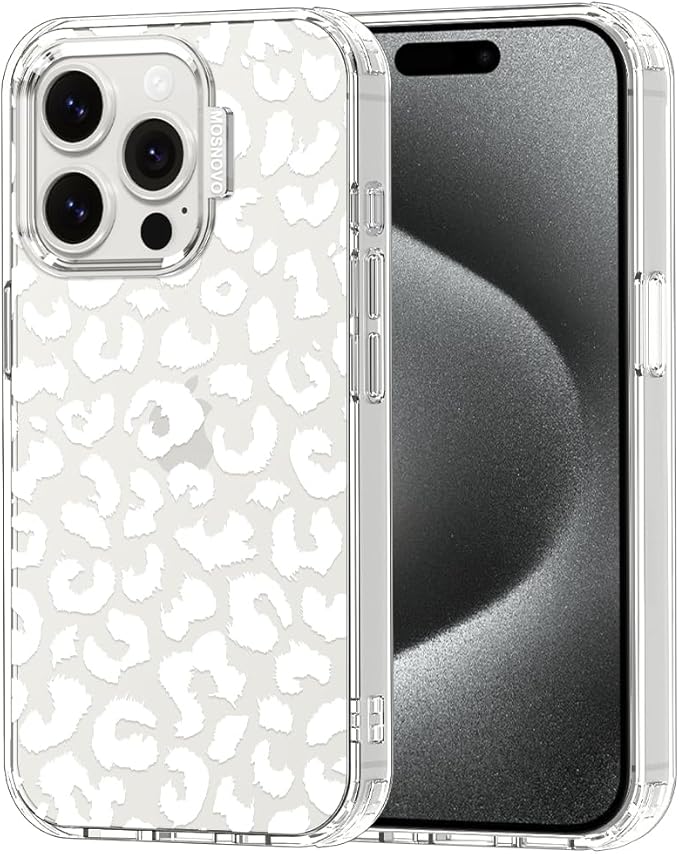 MOSNOVO Case for iPhone 15 Pro, [Buffertech 6.6ft Military-Grade Drop Protection] [Anti Peel Off Tech] Clear TPU Bumper Phone Case Cover Design - White Leopard Print