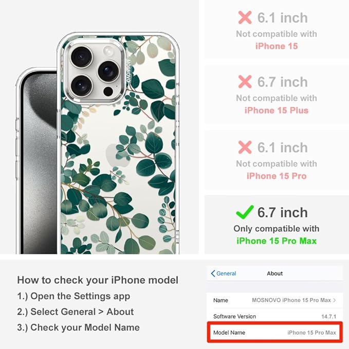 MOSNOVO Case for iPhone 15 Pro Max, [Buffertech 6.6ft Military-Grade Drop Protection] [Anti Peel Off Tech] Clear TPU Bumper Phone Case Cover Design - Eucalyptus