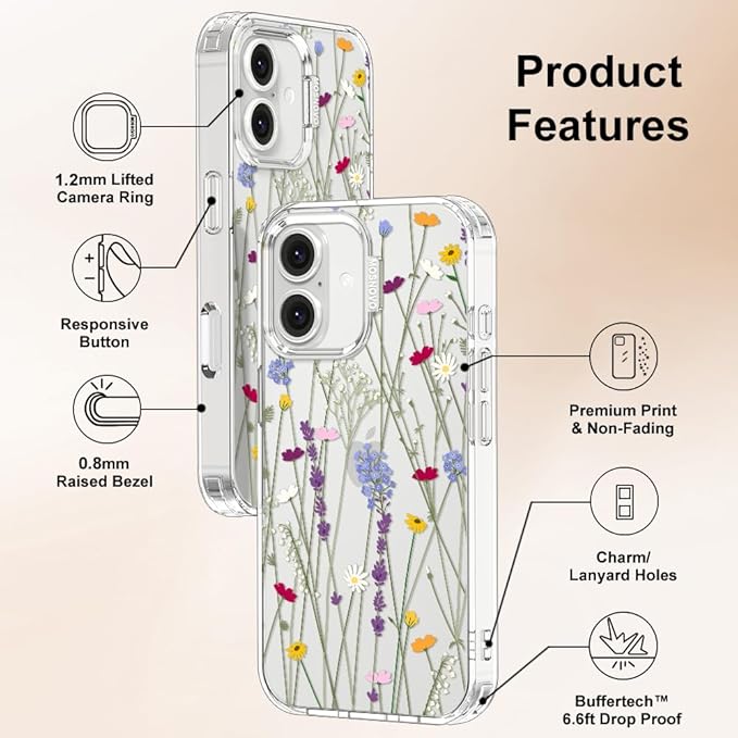 MOSNOVO Case for iPhone 16 Plus, [Buffertech 6.6ft Military-Grade Drop Protection] [Anti Peel Off Tech] Clear TPU Bumper Phone Case Cover Design - Floral Garden