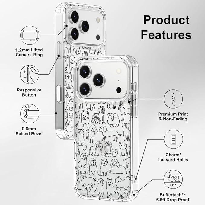 MOSNOVO for iPhone 17 Pro Case | Military Grade 6.6ft Drop Tested | Camera Control | Clear with Doodle Dog Design