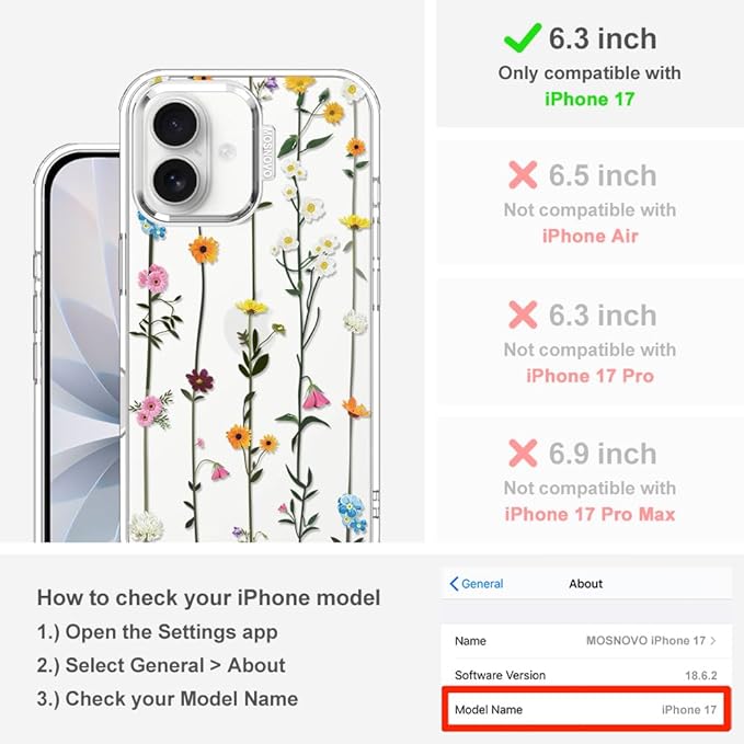 MOSNOVO for iPhone 17 Case | Military Grade 6.6ft Drop Tested | Camera Control | Clear with Wildflowers Design