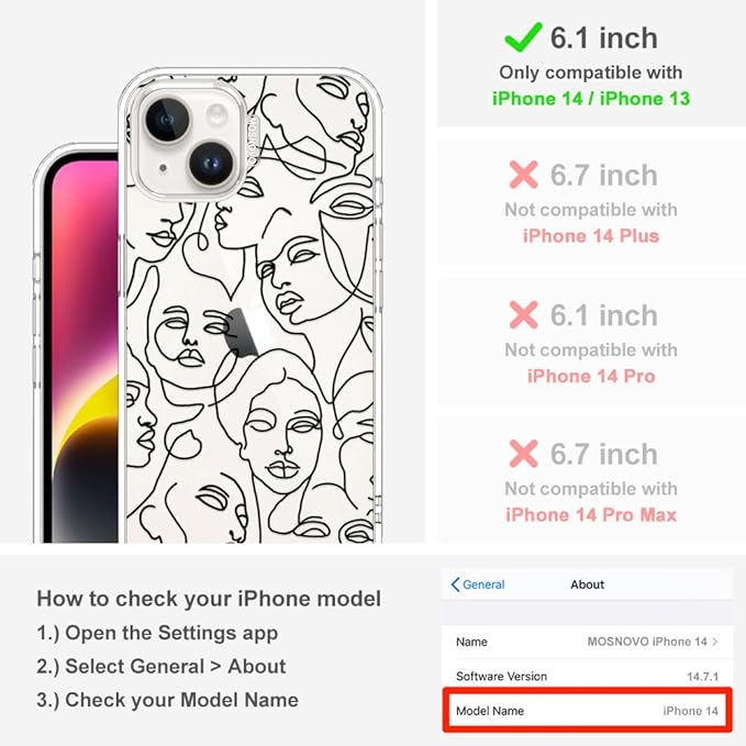 MOSNOVO for iPhone 13/14 Case | Military Grade 6.6ft Drop Tested | Clear with Abstract Face Line Art Design
