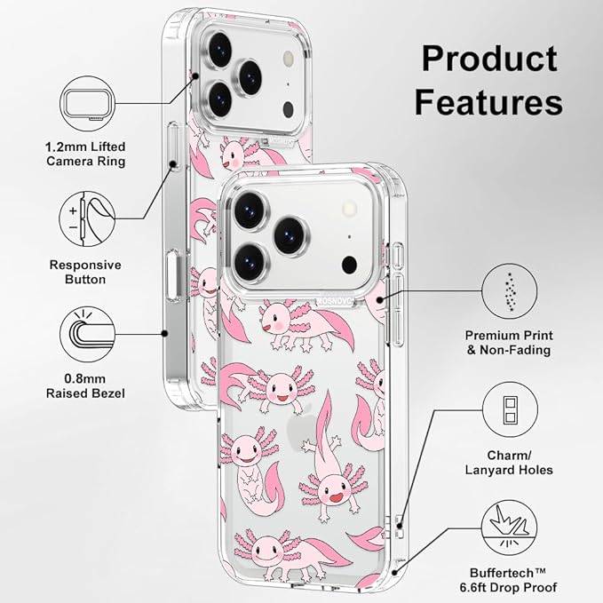 MOSNOVO for iPhone 17 Pro Case | Military Grade 6.6ft Drop Tested | Camera Control | Clear with Pink Axolotl Design