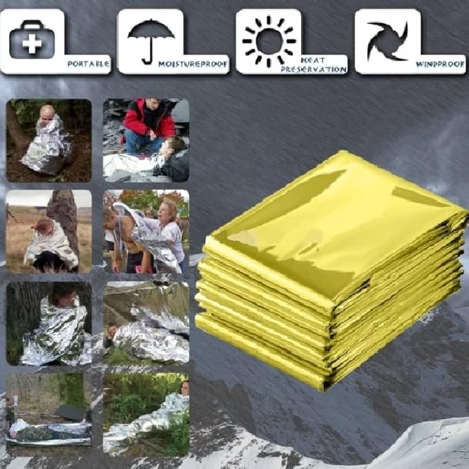 GALAXYLENSE Emergency Mylar Thermal Blanket for Survival First Aid Kits Army Outdoors Hiking Camping Bug Out Trauma Desert All Weather Condition Protection (150 Packs Gold)