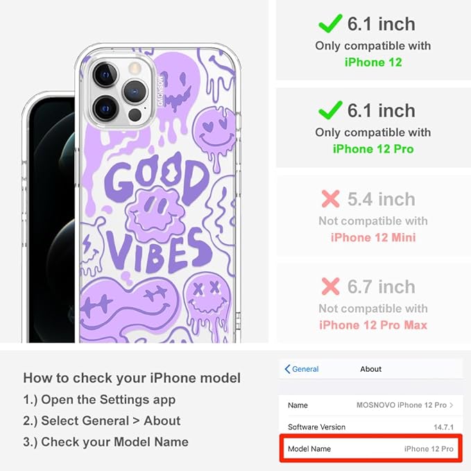 MOSNOVO Case for iPhone 12 & iPhone 12 Pro, [Buffertech 6.6ft Military-Grade Drop Protection] [Anti Peel Off Tech] Clear TPU Bumper Phone Case Cover Design - Good Vibes