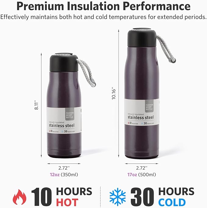 Small Water Bottle 12 oz, Dusgut Insulated Water Bottle,Stainless Steel,Wide Mouth Portable Lid