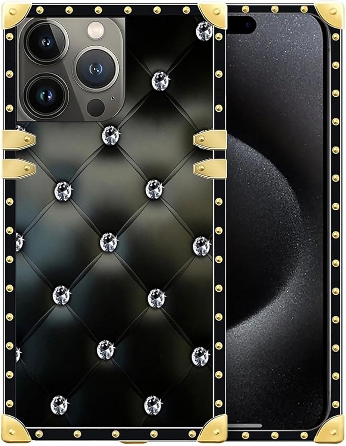 Compatible with iPhone 16 Pro Case, Shiny Black Sofa Crystal Luxury Golden Decoration for Girl Women Soft TPU Shockproof Protective Hard PC Back