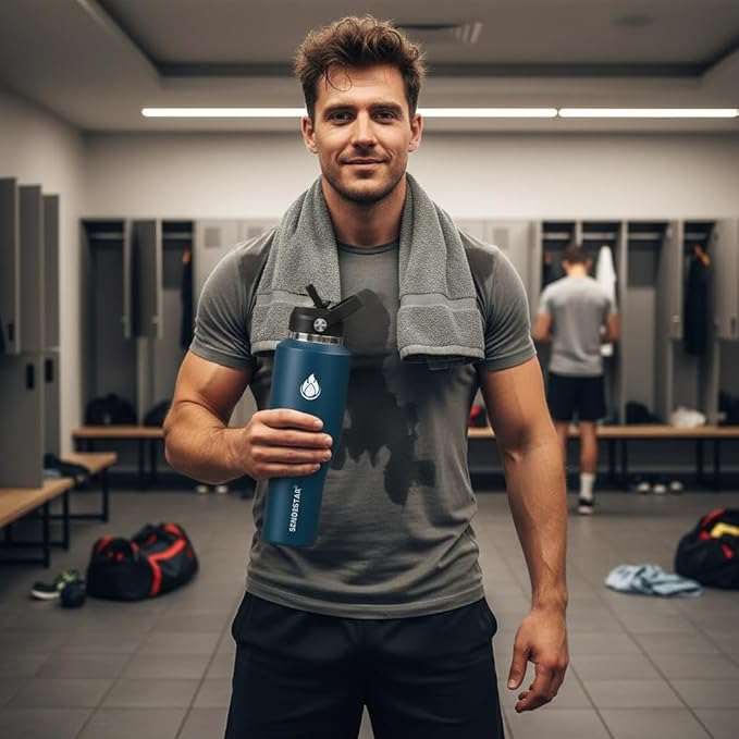 SENDESTAR Water Bottle 32oz,Wide Mouth Stainless Steel Vacuum Insulated Double Wall Keep Liquids Cold or Hot All Day,Sweat Proof Sport Design,Fit Car Cup Holder,2 Lids(Straw and Spout lid)(Cobalt)