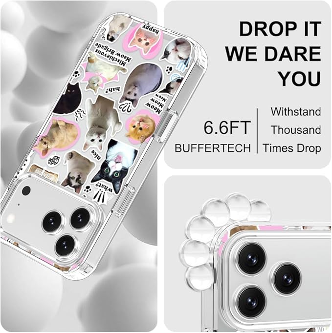 MOSNOVO for iPhone 17 Pro Max Case | Military Grade 6.6ft Drop Tested | Camera Control | Clear with The Cat Brigade Design
