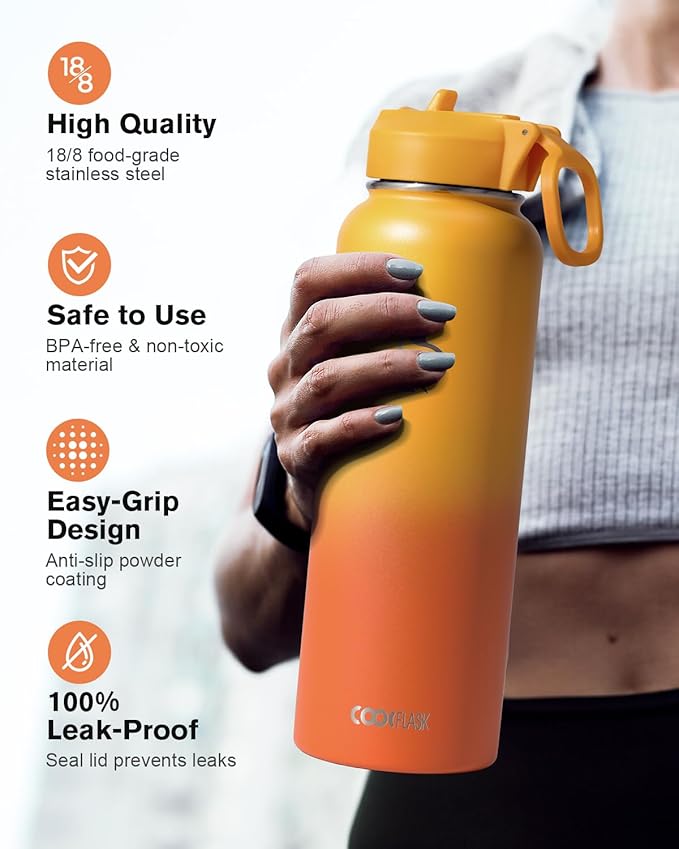 Water Bottle 40 oz Insulated with Straw&Brush, Coolflask Vaccum Stainless Steel Metal 3 Lids Water Flask for Sports, Gym or Office, Keep Cold 48H Hot 24H, Ombre Yellow/Orange