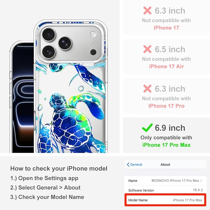 MOSNOVO for iPhone 17 Pro Max Case | Military Grade 6.6ft Drop Tested | Camera Control | Clear with Sea Turtles Design