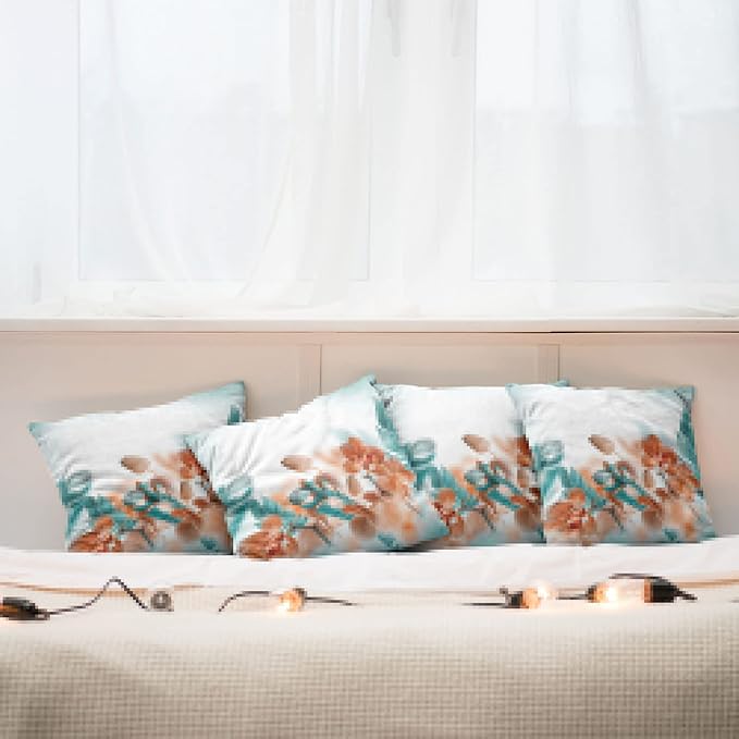 Ambesonne Tropical Throw Pillow Cushion Case Pack of 4, Exotic Orchids Blossom Leaves on Blurred Background Floral Themed Modern Art, Modern Accent Double-Sided Digital Printing, 16", Orange Teal