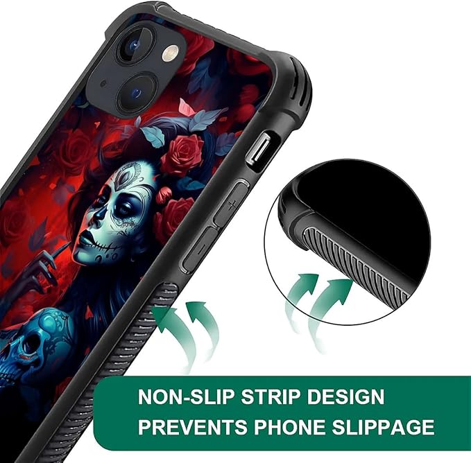 for iPhone 14 Case, Skull Lady Rose Pattern Graphic Design Girl Boy Soft Silicone Hard Acrylic Shock Protection for iPhone 14