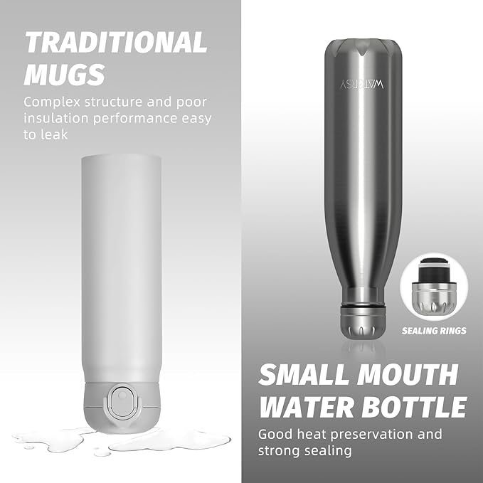 WATERSY Stainless Steel water bottles,17oz/500ml Insulated Water Bottles,Sliver metal water bottle Keeps Drink Cold and Hot,BPA Free kids water bottles for School,Gym,Travel,Sports