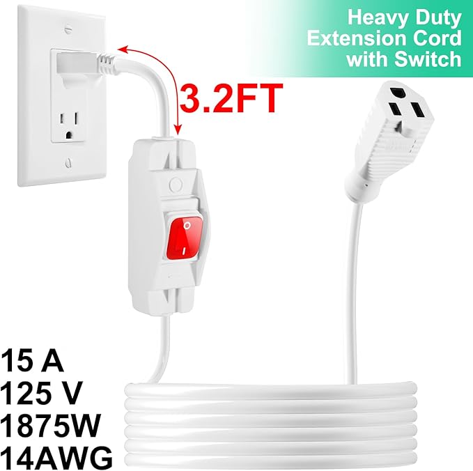 Outdoor Waterproof On/Off Switch Extension Cord, Heavy Duty 125v/250v Black SJTW Cord (10 Ft, White)