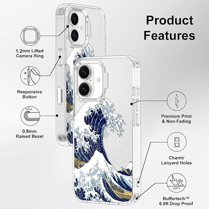 MOSNOVO for iPhone 17 Case | Military Grade 6.6ft Drop Tested | Camera Control | Clear with Great Wave Design