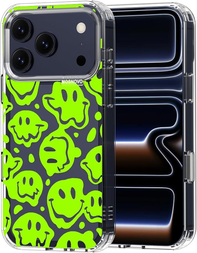 MOSNOVO for iPhone 17 Pro Case | Military Grade 6.6ft Drop Tested | Camera Control | Clear with Distorted Green Smiles Face Design