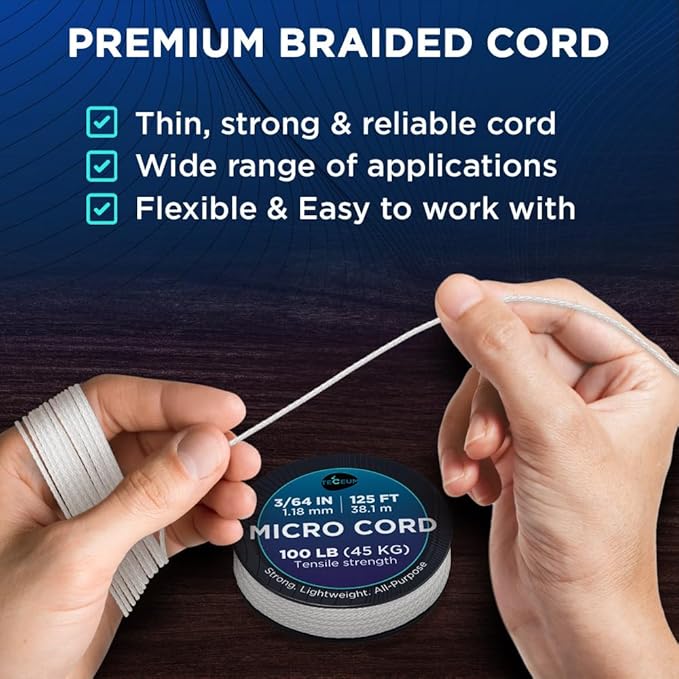 TECEUM Micro Paracord – 1.18 mm X 125 ft – Micro Utility Cord – Thin Braided Paracord Rope – Best for Crafting, DIY Projects, Fishing, Camping – Wind Chime Replacement – Survival Strong String
