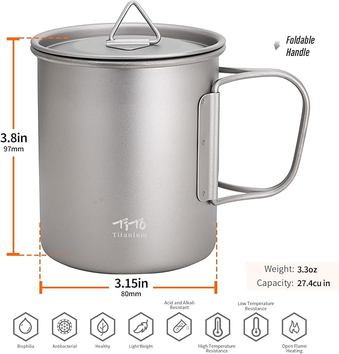 TiTo Titanium Cup Titanium Pot with Lid Ultralight Portable 450ml Foldable Handle Camping Tea Coffee Water Mug for Outdoor Backpacking Hiking Picnic Drinkware with Mesh Sack (Titanium)