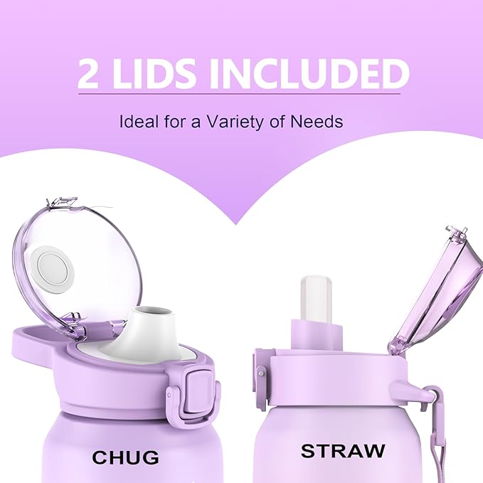 SLUXKE 24oz Insulated Water Bottle 18/10 Stainless Steel with 2Lids(Straw Lid& Spout Lids), 700ml Double Wall Vacuum Water Bottle with Handle Keep Cold and Hot for Men, Women & Kids PURPLE PINK