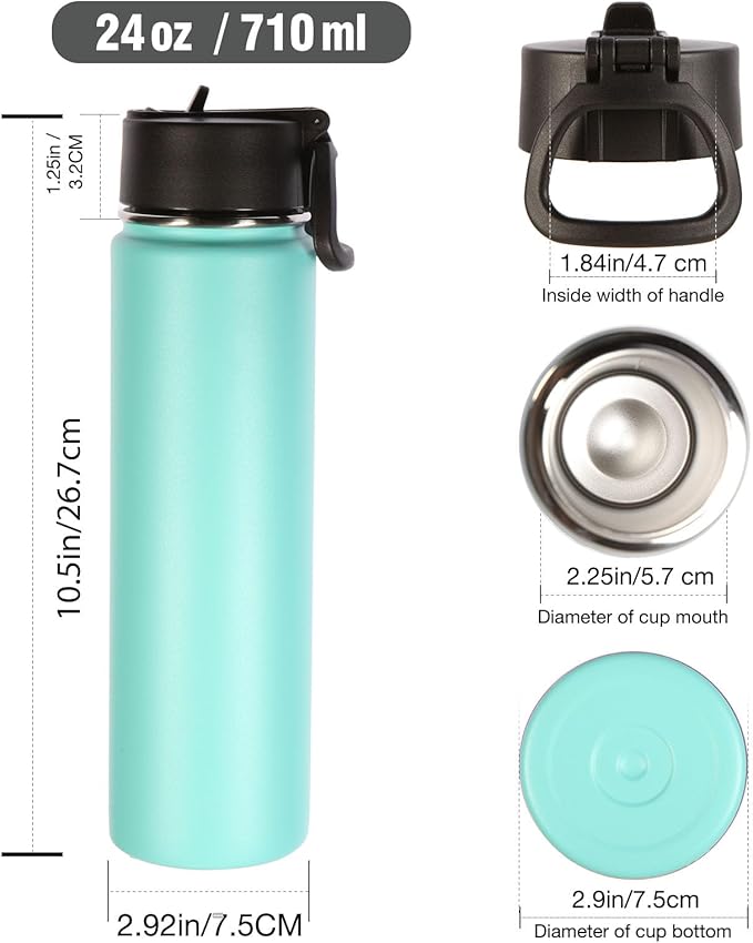 Volhoply 24 Ounce Insulated Water Bottle with Straw Lid,Stainless Steel Wide Mouth Sport Bottles with Handle,Double Wall Vacuum Cups Keep Cold,Reusable Travel Thermal Cups For Holder,Gym(Mint,1)