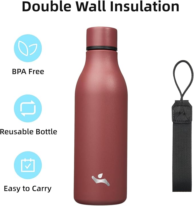 Konokyo Insulated Water Bottle with Strap,18 oz Double Wall Stainless Steel Vacuum Bottles Metal Water Flask,Brick Red