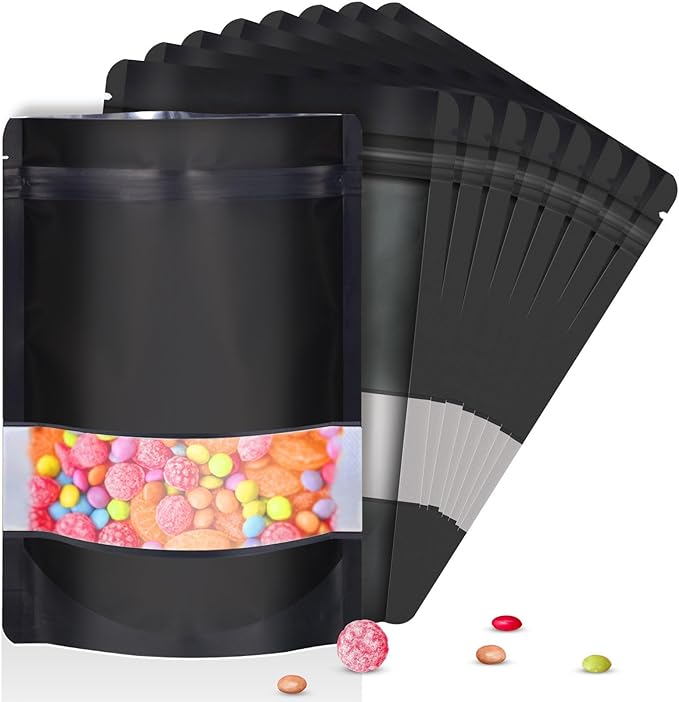 7.1"x10.2" 1 Quart 120pcs Mylar Bags for Food Storage,Smell Proof Bag with Matte Window Resealable Food Storage Bags for Small Business, Stand-up Foil Pouch Packaging Freeze Dried Candy Bag（Black）