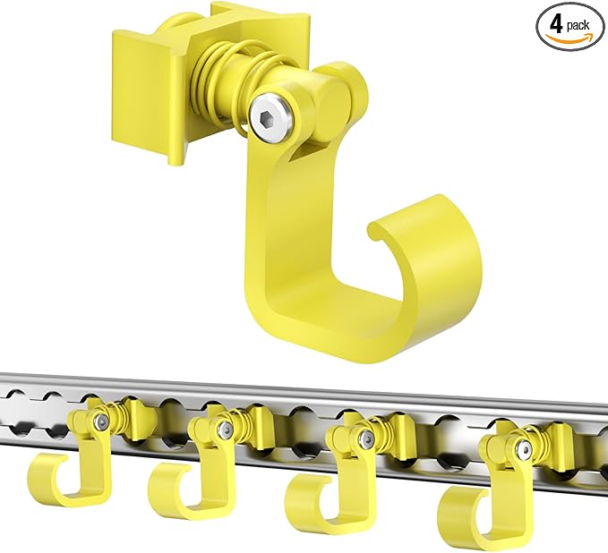 4 Pack L Track Hooks with Single Stud Fitting, Spring-Loaded Adjustable Gear Hook, Aluminum L Track Accessories for Trailer, Truck, Garage, Tie Down System, 100LBS Max Load Capacity – Yellow