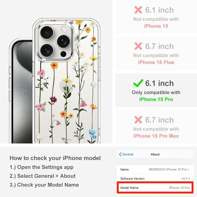 MOSNOVO Case for iPhone 15 Pro, [Buffertech 6.6ft Military-Grade Drop Protection] [Anti Peel Off Tech] Clear TPU Bumper Phone Case Cover Design - Wildflowers