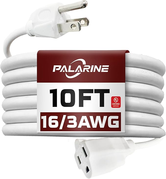 10ft White Outdoor Extension Cord Waterproof, UL Listed, 16/3 SJTW Heavy Duty 3 Prong, 16 Gauge 13A Power Cord Ideal for Indoor Outdoor Lights, Appliances, and Lawn