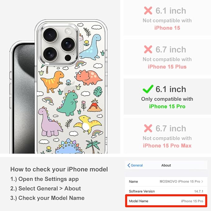 MOSNOVO for iPhone 15 Pro Case | Military Grade 6.6ft Drop Tested | Clear with Dinosaur Land Design