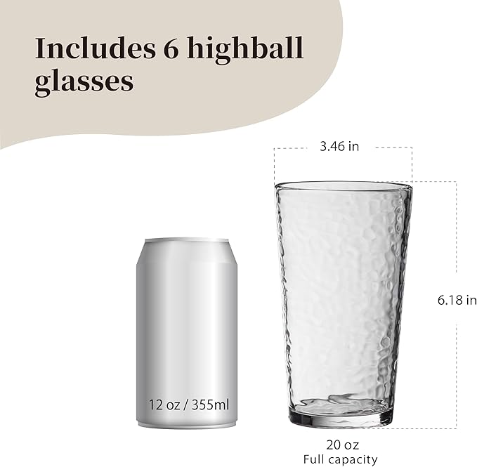 KLIFA- NICE- 20 ounce, Set of 6, Acrylic Highball Drinking Glasses, BPA-Free, Stackable Plastic Drinkware, Dishwasher Safe Cups, Clear