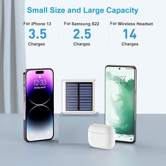 Solar Portable Charger 12000mAh, Small Solar Power Bank, USB C Input/Output External Battery with Built-in 4 Cables, Two-Hand Flashlight, Suitable for iPhone, Tablet Computers and Samsung