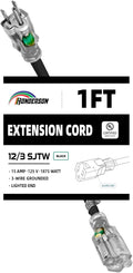 Extension Cord with Lighted End, UL Certified, 12 Gauge 1FT Black 3 Prong Heavy Duty, 12/3 SJTW 15A Power Cord for Lights, Lawn