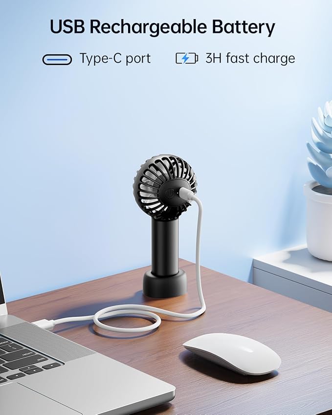 SWEETFULL Mini Portable Fan - Rechargeable Handheld Fan, 3 Speeds Personal Hand Gifts for Travel Essentials, Lash, Makeup, Eyelash, Kids, Girls, Women - USB, Cute Design Black