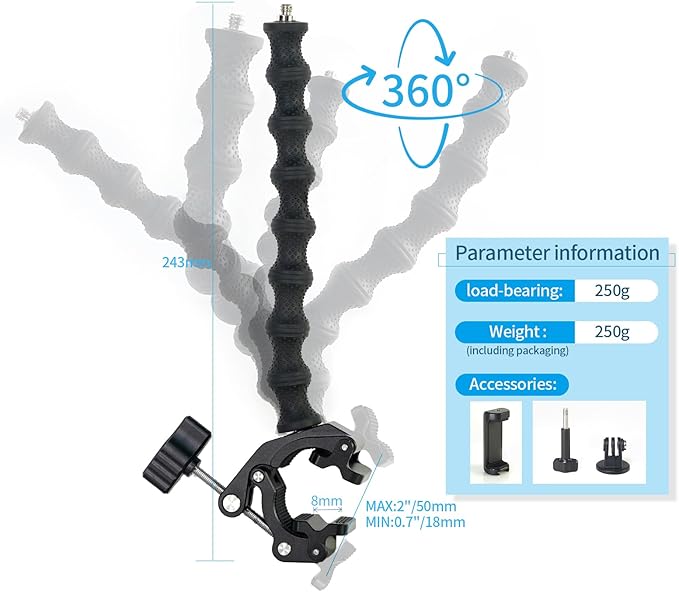 Gooseneck Phone Clamp Mount with Super Clamp - 360° Adjustable Phone Stand Compatible with iPhone 16-6, 360 Action Camera & 0.7-2" Devices for Desk/Outdoor/Video Creation