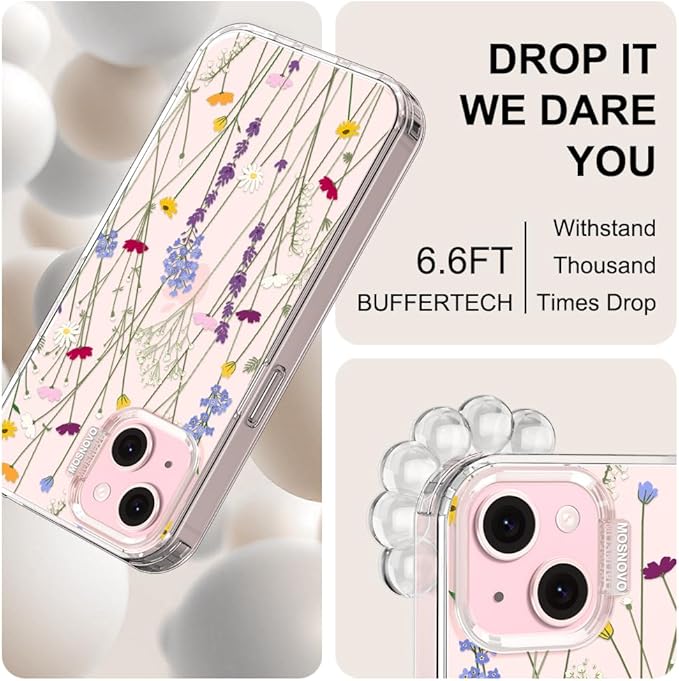 MOSNOVO Case for iPhone 15, [Buffertech 6.6ft Military-Grade Drop Protection] [Anti Peel Off Tech] Clear TPU Bumper Phone Case Cover Design - Floral Garden