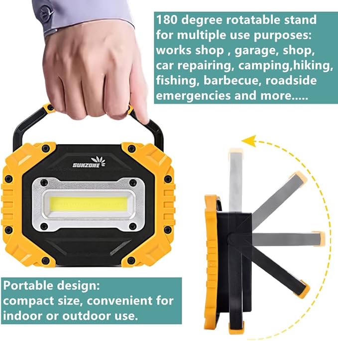 Sunzone Portable LED Work Light,AA Battery Powered Flood Lights,Super Bright Workshop Job Site Lighting for Camping, Hiking, Fishing, Car Repair with Emergency SOS Mode (2 Pack)