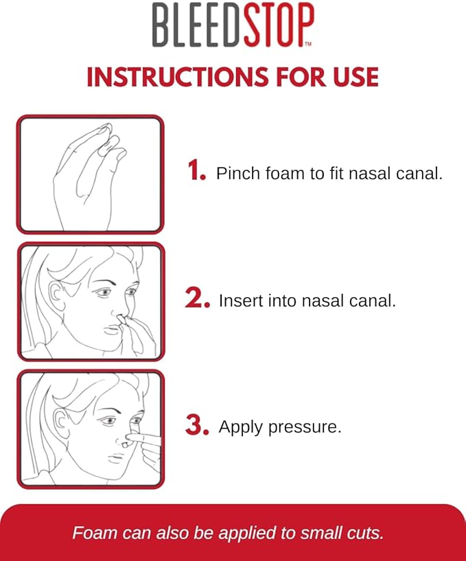 BleedStop™ Nosebleed Strips – Fast Acting Blood Coagulant Foam Inserts – Helps Clot Blood on Contact – Non-Stinging Sterile Hypoallergenic for Mild to Heavy Nosebleeds